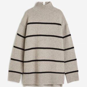 H&M Women's Beige & Black Stripe Oversized Mock Turtleneck Sweater L